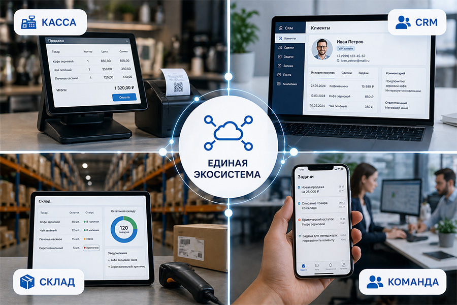 4 элемента единой экосистемы: касса, CRM, склад, команда