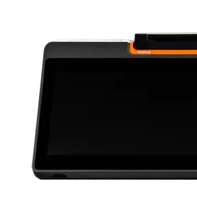 Черная стационарная онлайн-касса с оранжевой обводкой вокруг принтера чеков